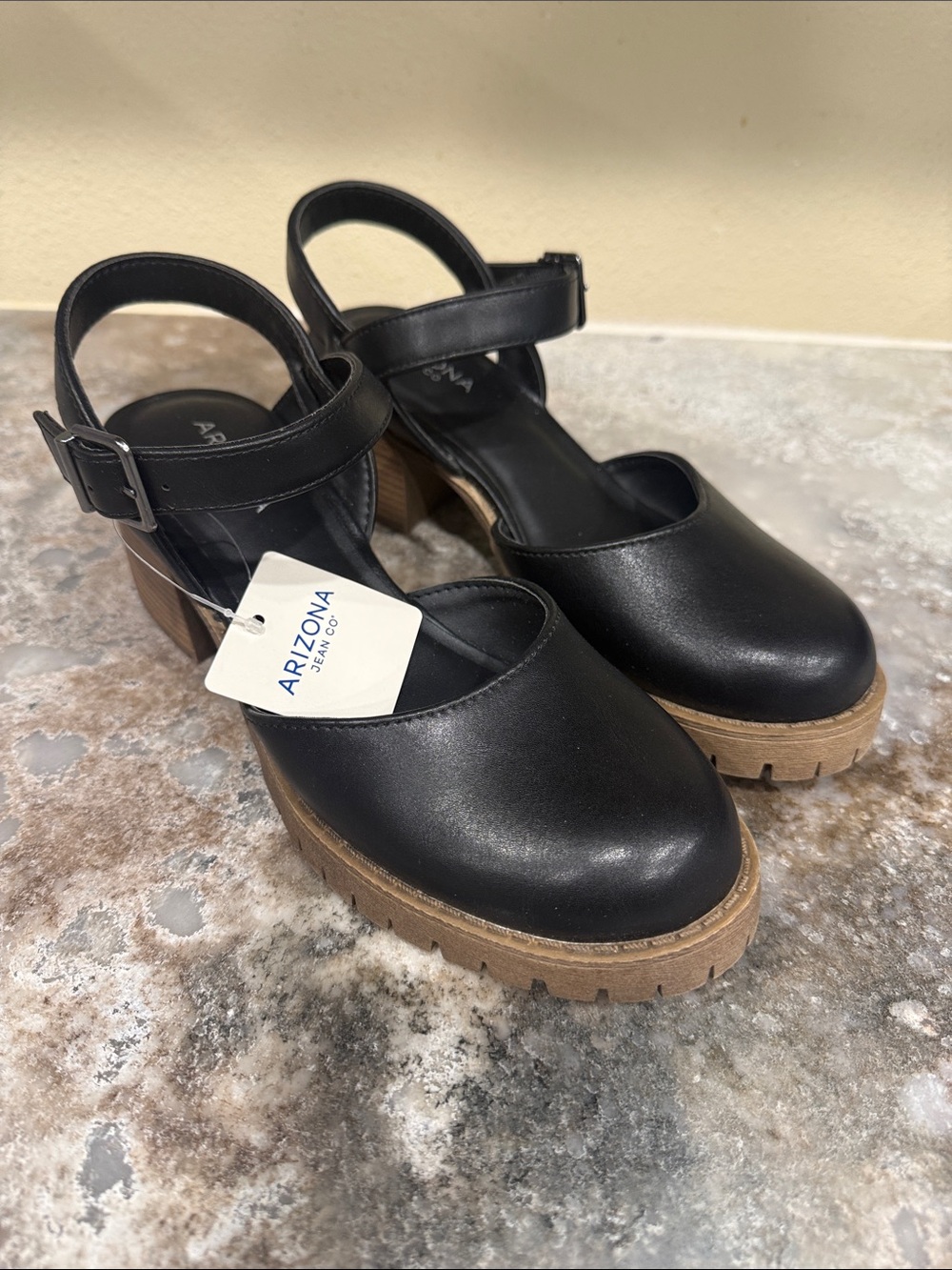 Arizona Jean Company Black Mary Jane Clogs with Tan Lug Sole